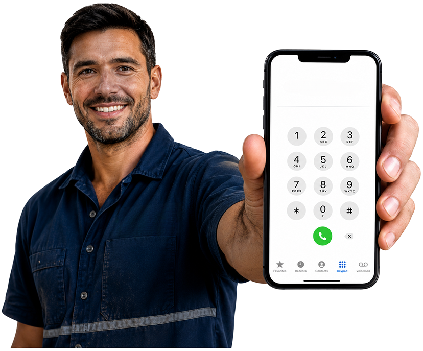 Arncliffe Blocked Drains plumber holding a phone — call 1300 261 965