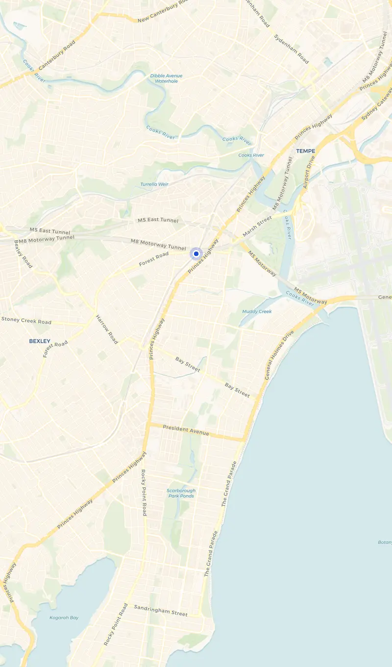 Map of the Arncliffe service area and the surrounding suburbs we cover.