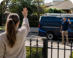 Customer waving goodbye to a Arncliffe Blocked Drains plumber